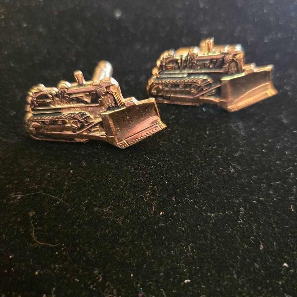 Vintage 1970s Bulldozer Cuff Links Gold Tone
